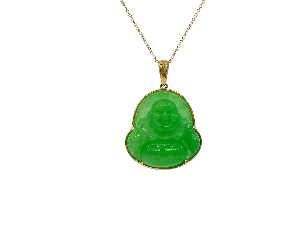 10K Yellow Gold 20mm Dyed Green Jade Buddha Pendant - 18"