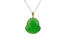 10K Yellow Gold 20mm Dyed Green Jade Buddha Pendant - 18"