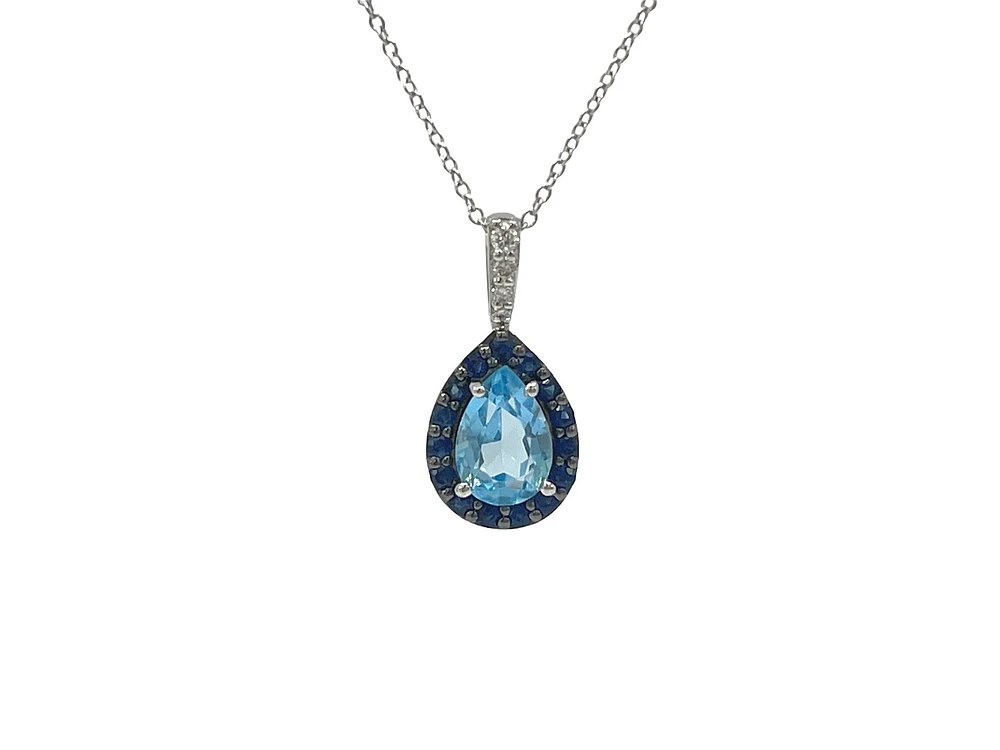 10K White Gold 7x5mm Pear Cut Sky Blue Topaz with Blue Sapphire Halo and 0.03cttw Diamond Necklace - 18 Inches
