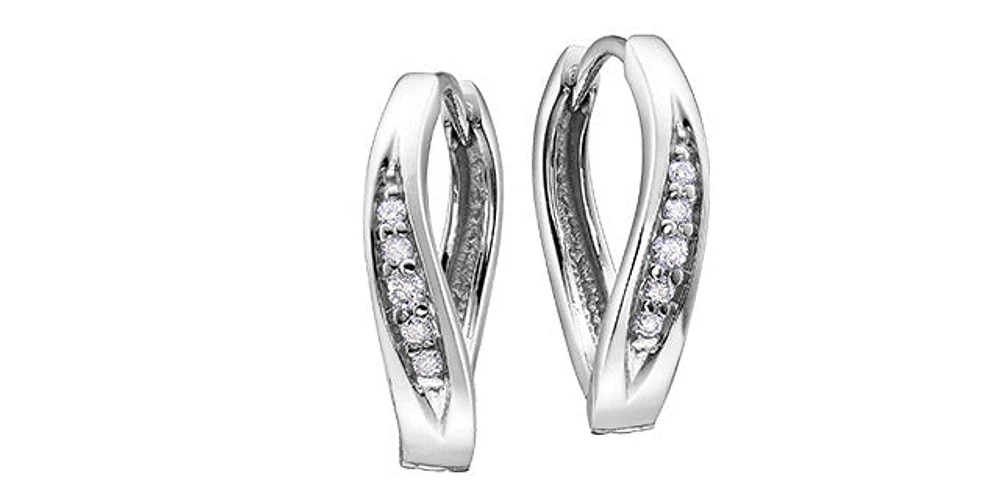 10K White Gold 0.06cttw Round Cut Diamond Hoop Huggie Hinged Earrings