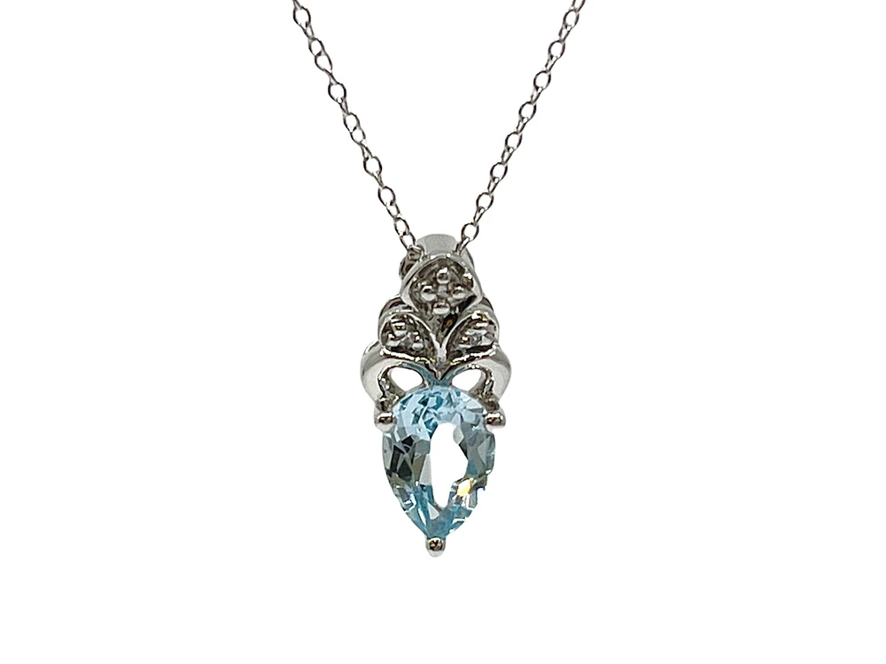 10K White Gold 7mm x 5mm Swiss Blue Topaz and 0.018cttw Diamond Necklace - 18 Inches