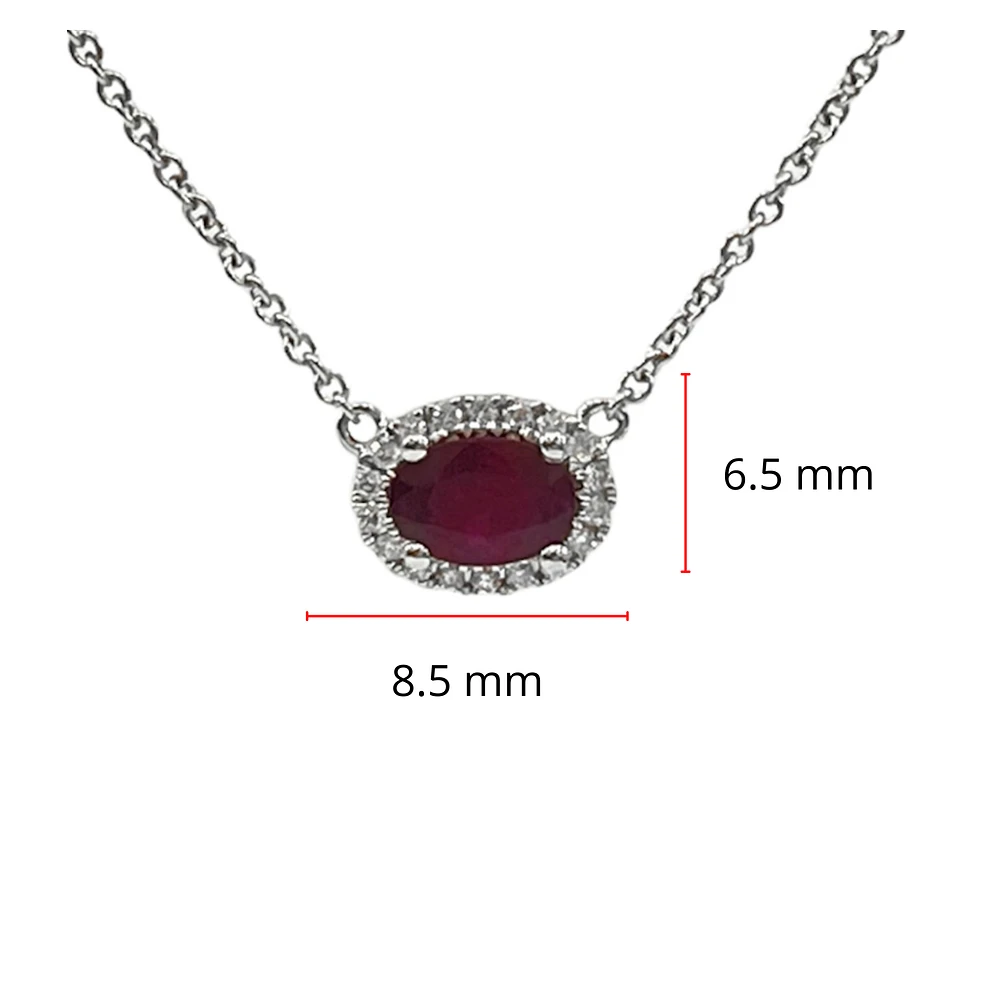 18K White Gold Ruby and Diamond Halo Necklace, 16-18"