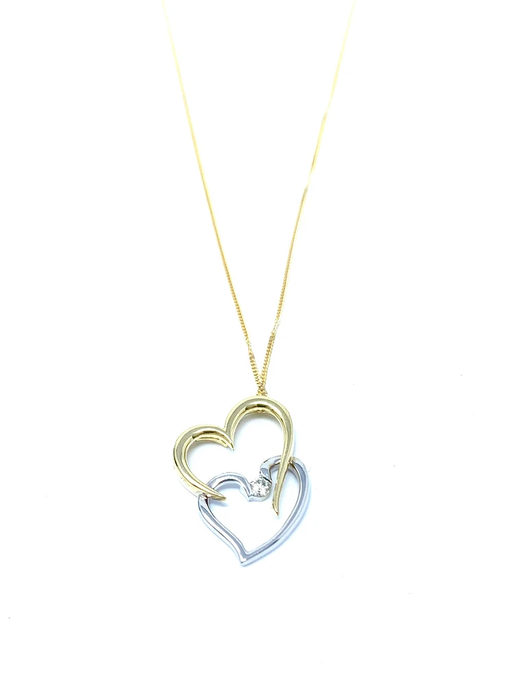 10K White & Yellow Gold 0.041cttw Diamond Double Heart Pendant, 18"