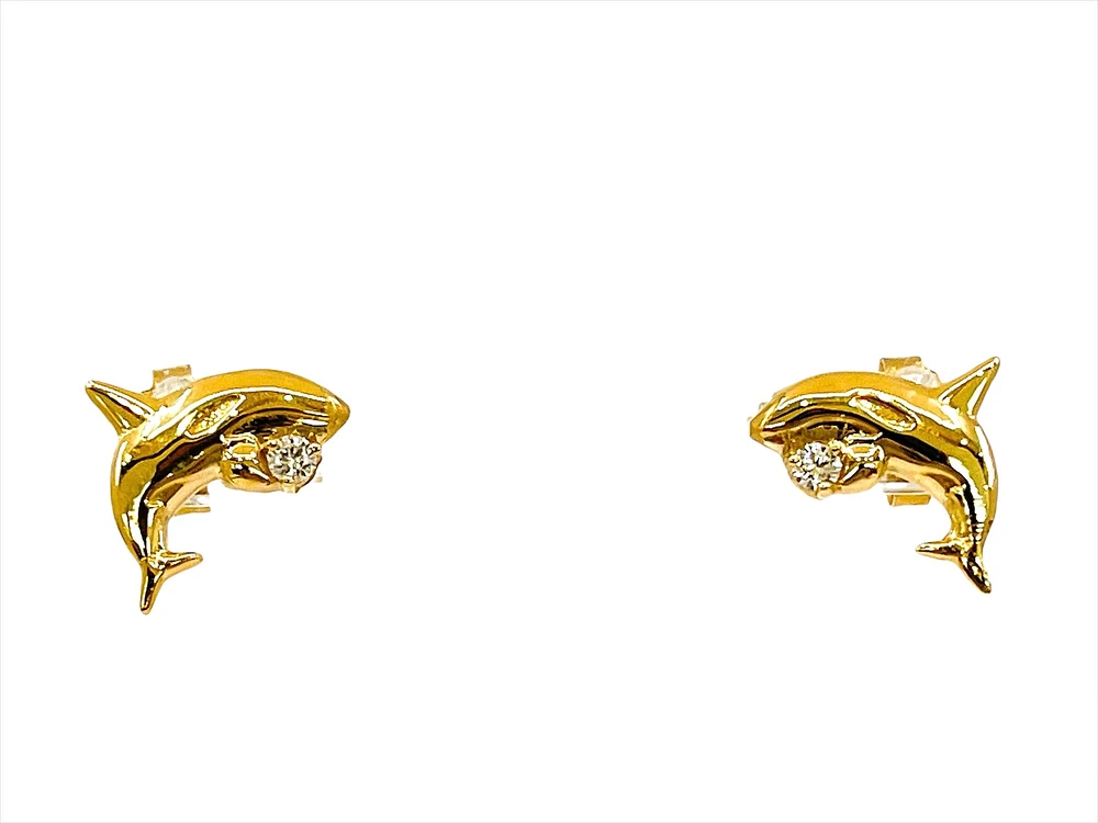 14K Yellow Gold 0.06cttw Diamond Orca Earrings with Butterfly Backs - 12mm x 10mm