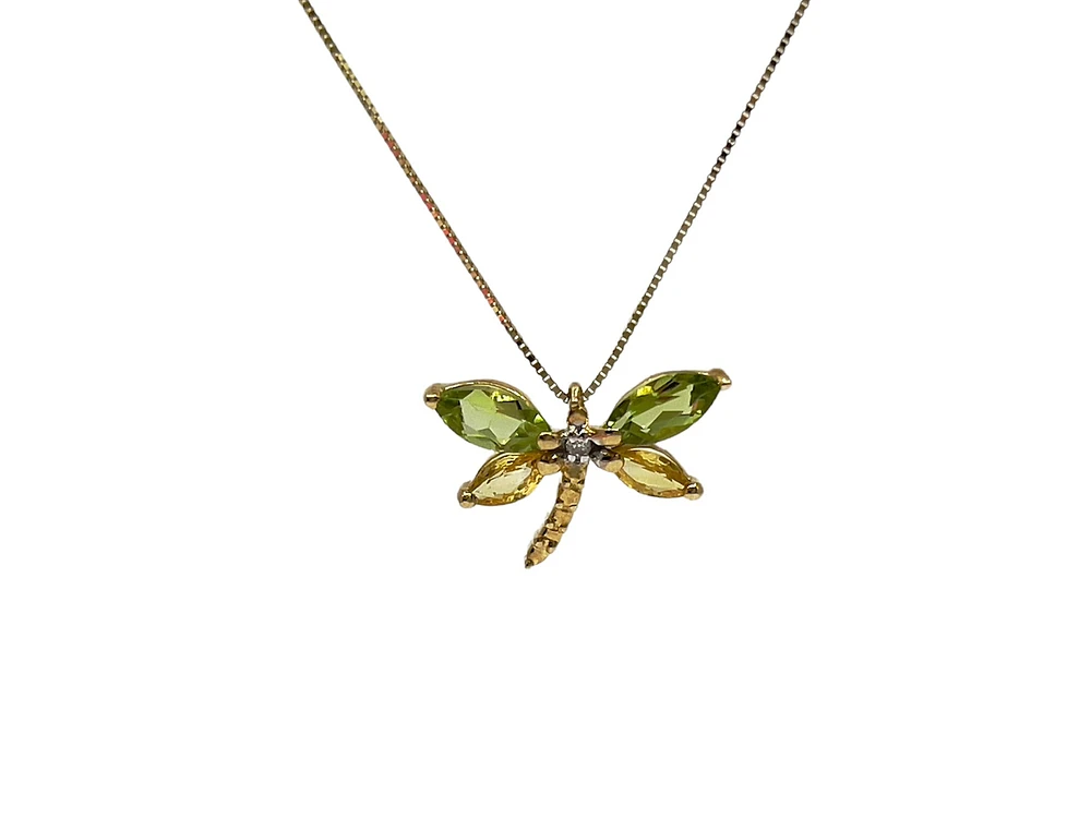 10K Yellow Gold Genuine Peridot, Genuine Yellow Sapphire and Diamond 0.01cttw Dragonfly Pendant, 18"
