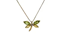 10K Yellow Gold Genuine Peridot, Genuine Yellow Sapphire and Diamond 0.01cttw Dragonfly Pendant, 18"