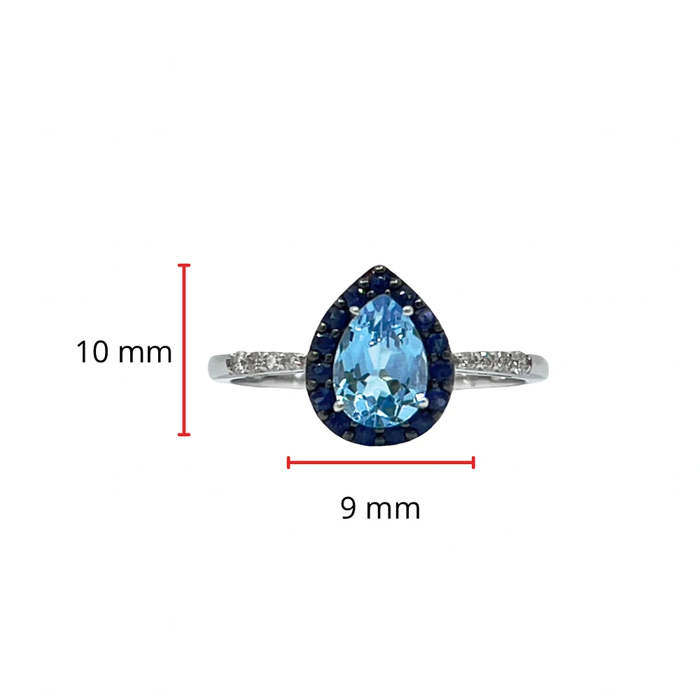 10K White Gold 7x5mm Pear Cut Sky Blue Topaz with Blue Sapphire Halo and 0.10cttw Diamond Ring - Size 7