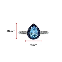 10K White Gold 7x5mm Pear Cut Sky Blue Topaz with Blue Sapphire Halo and 0.10cttw Diamond Ring - Size 7
