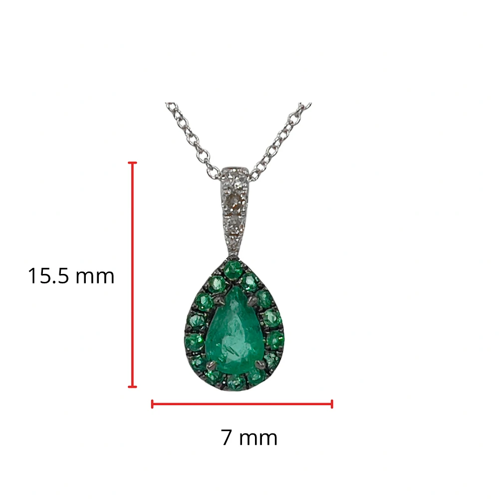 10K White Gold 0.47cttw Pear Cut Emerald and 0.055cttw Diamond Pendant, 18"