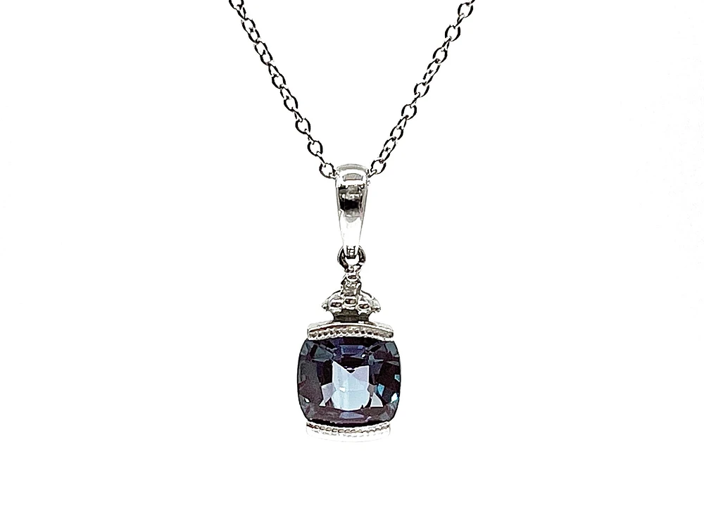 10K White Gold 6mm Cushion Cut Created Alexandrite & 0.007cttw Diamond Pendant, 17"
