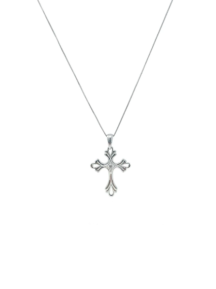 10K White Gold 0.06cttw Diamond Cross Pendant, 18"