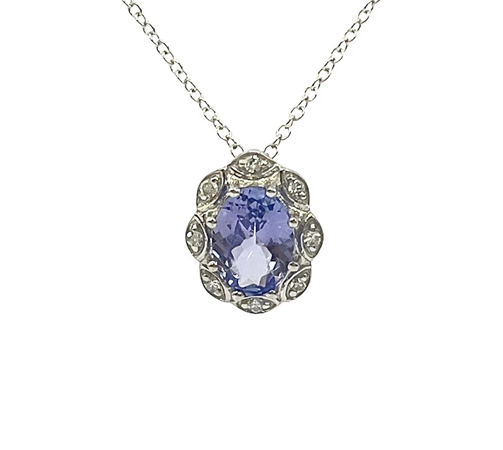 10K White Gold Tanzanite and Diamond Antique Halo Necklace, 18"