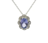 10K White Gold Tanzanite and Diamond Antique Halo Necklace, 18"