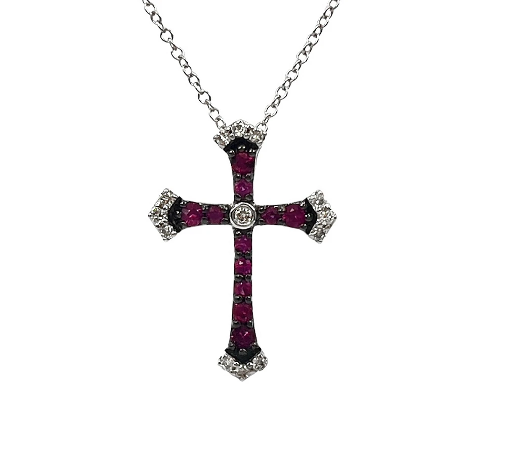 10K White Gold 0.18cttw Ruby and 0.07cttw Diamond Cross Pendant - 18 inches