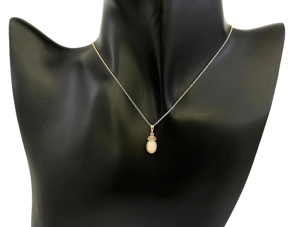 10K Yellow Gold 7x5mm Oval Cut Opal and Round Cut Pink Tourmaline Pendant - 18 Inches
