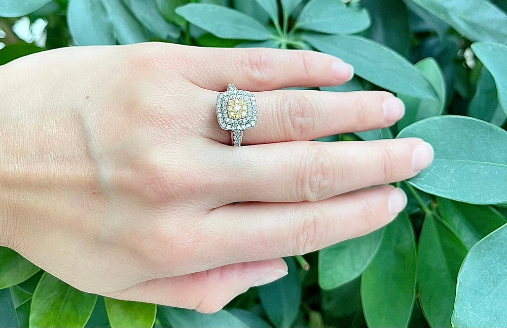 14K White Gold 1.05cttw Fancy Yellow and White Diamond Halo Engagement Ring, size 6