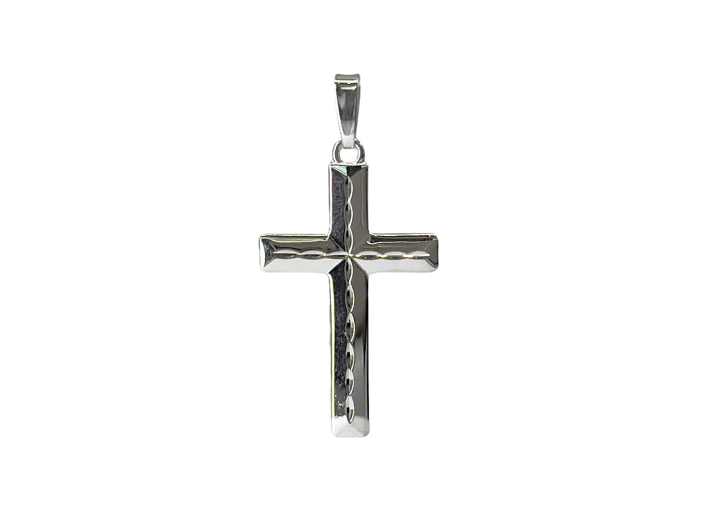 925 Sterling Silver High Polish Dash Design Cross Pendant - 40mm x 20mm