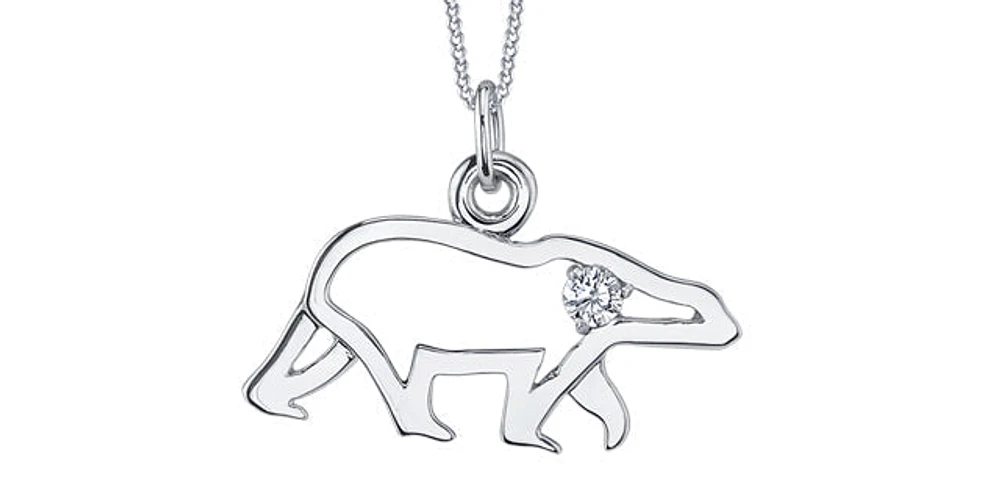 10K White Gold 0.067cttw Canadian Diamond Polar Bear Pendant, 18"