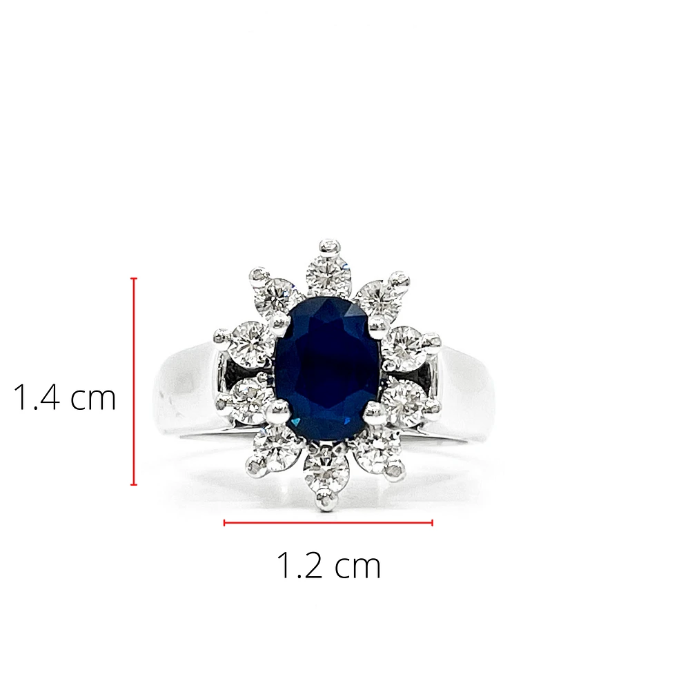 14K White Gold 1.40cttw Genuine Blue Sapphire and 0.50cttw Diamond Halo Ring, size 6