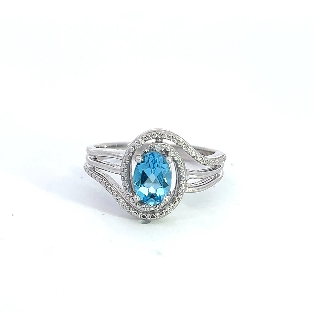 925 Sterling Silver Blue Topaz & Diamond Ring - 4.5