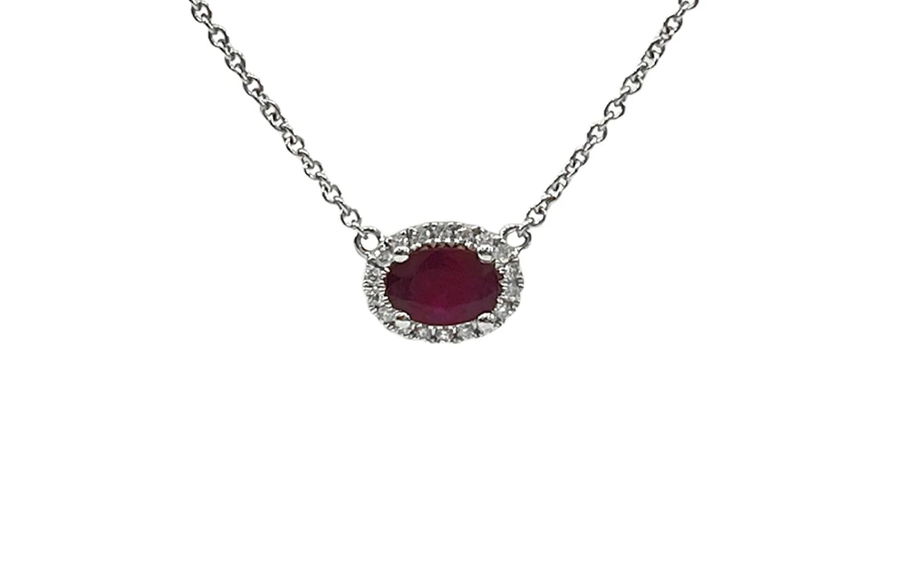 18K White Gold Ruby and Diamond Halo Necklace, 16-18"