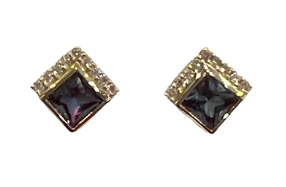 10K Yellow Gold Created Alexandrite and Diamond Earrings