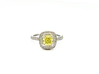 14K White Gold 1.33cttw Fancy Yellow and White Diamond Halo Engagement Ring, size 6