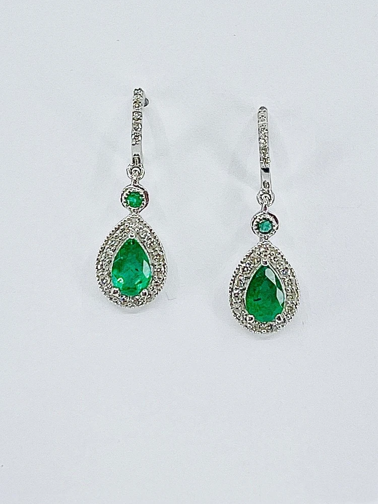 10K White Gold Genuine Emerald & Diamond Earrings