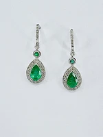 10K White Gold Genuine Emerald & Diamond Earrings