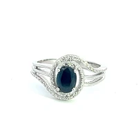 925 Sterling Silver 7 x 5mm Blue Sapphire and 0.03cttw Diamond Ring - Size 6