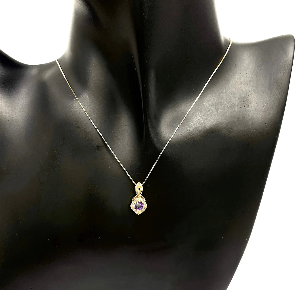 10K Yellow Gold 0.33cttw Genuine Amethyst and 0.08cttw Diamond Halo Pendant, 18"