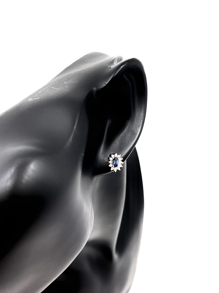 14K White Gold 0.55cttw Genuine Sapphire & 0.32cttw Diamond Halo Earrings