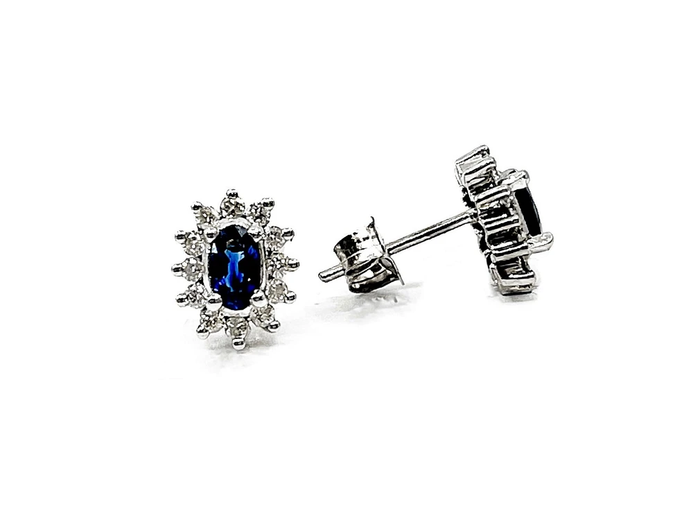14K White Gold 0.55cttw Genuine Sapphire & 0.32cttw Diamond Halo Earrings