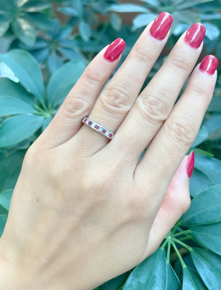 10K White Gold 0.40cttw Princess Cut Ruby and 0.28cttw Diamond Channel Set Ring - Size 7