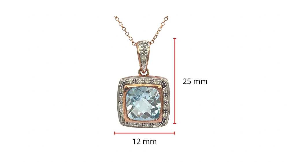 10K Rose Gold 8mm Cushion Cut Blue Topaz and 0.063cttw Diamond Pendant, 18"