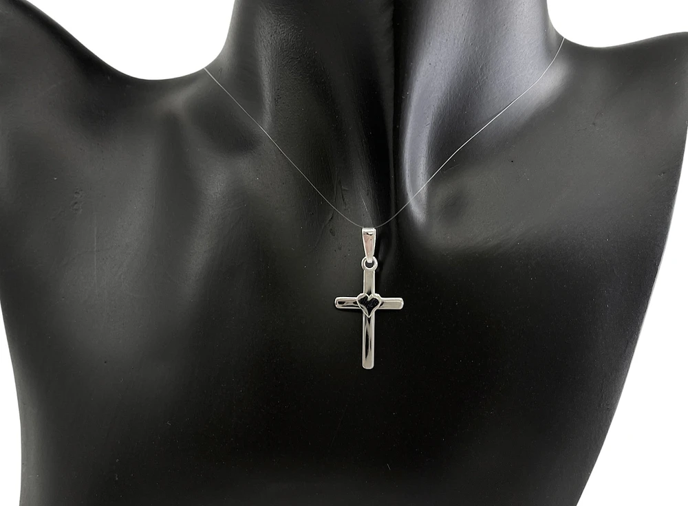 925 Sterling Silver 25mm x 15mm Flat Cross Charm with a Heart Center