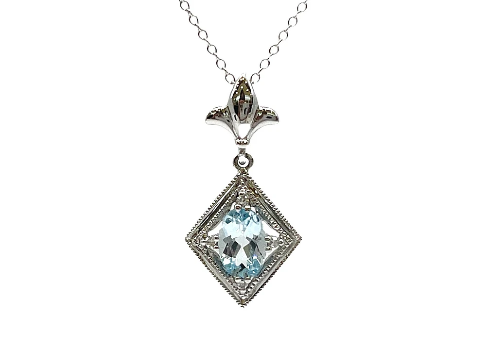 10K White Gold 6x4mm Oval Cut Sky Blue Topaz and 0.021cttw Diamond Necklace - 18 Inches