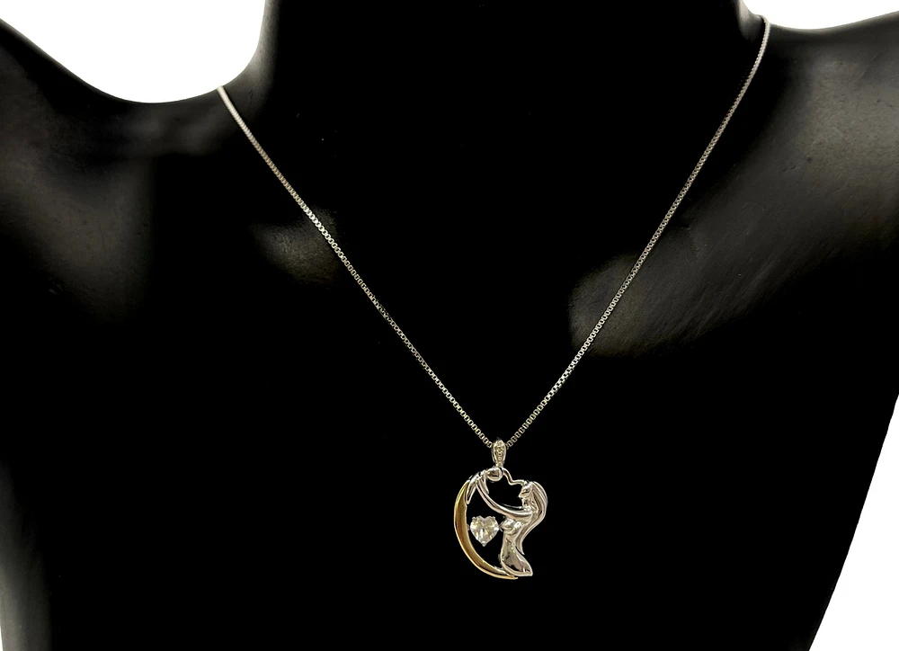 Sterling Silver & 10K Yellow Gold White Zircon & Diamond Mom Pendant, 18"