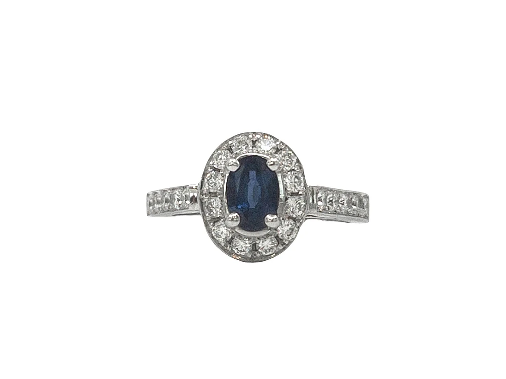 14K White Gold 0.75cttw Genuine Oval Cut Sapphire and 0.50cttw Diamond Ring, size 6.5