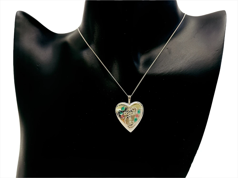 925 Sterling Silver Locket with Cubic Zirconia Cross and Decals with Chain - 18 Inches