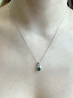 10K White Gold Genuine Emerald and Diamond Pendant, 18"