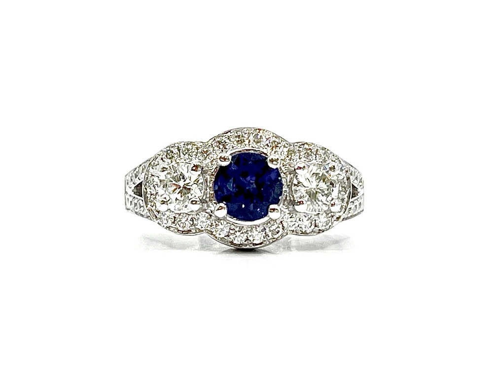 14K White Gold 1.00cttw Genuine Blue Sapphire and 0.94cttw Diamond Ring, size 6.5