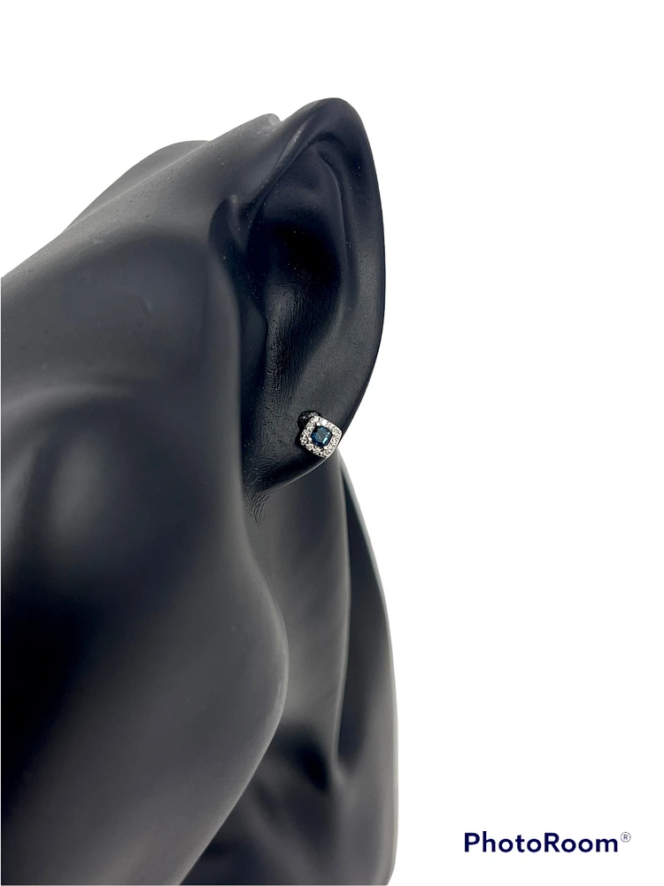 10K White Gold 0.40cttw Genuine Sapphire & 0.12cttw Diamond Halo Stud Earrings