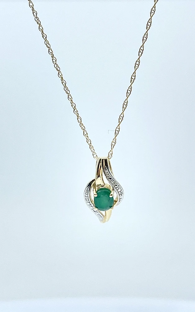 10K Yellow Gold Emerald and Diamond Pendant, 18"