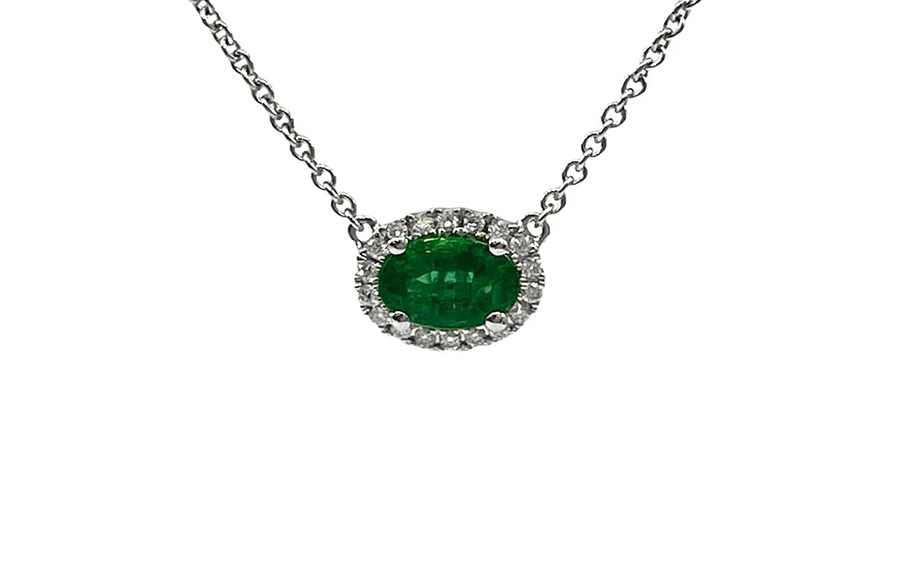 18K White Gold  Oval Cut Emerald and Diamond Halo Necklace, 16-18"