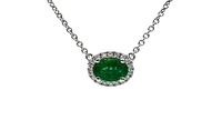 18K White Gold  Oval Cut Emerald and Diamond Halo Necklace, 16-18"
