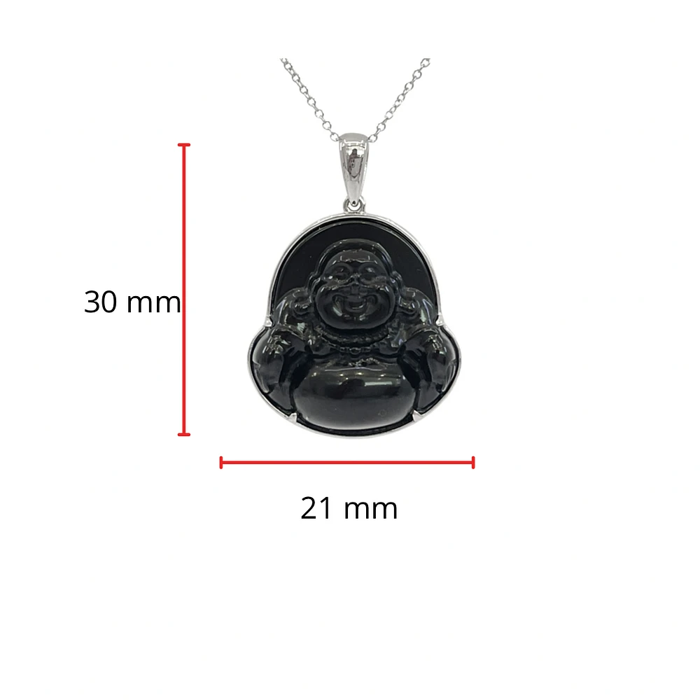 10K White Gold 20mm Dyed Black Jade Buddha Pendant - 18"