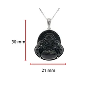 10K White Gold 20mm Dyed Black Jade Buddha Pendant - 18"