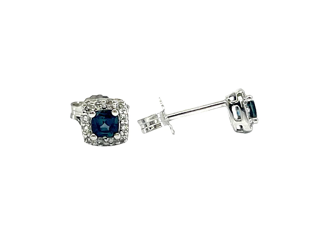 10K White Gold 0.40cttw Genuine Sapphire & 0.12cttw Diamond Halo Stud Earrings