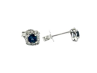 10K White Gold 0.40cttw Genuine Sapphire & 0.12cttw Diamond Halo Stud Earrings